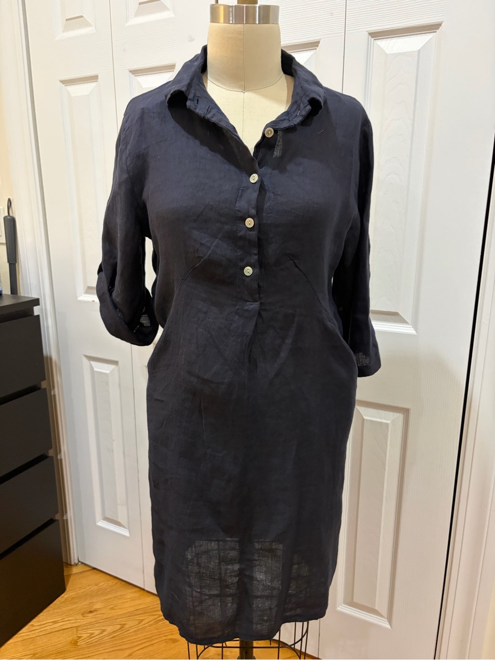 Elena Baldi Dresses Navy Linen T-Shirt Relaxed Button-Front Midi M Casual Italy